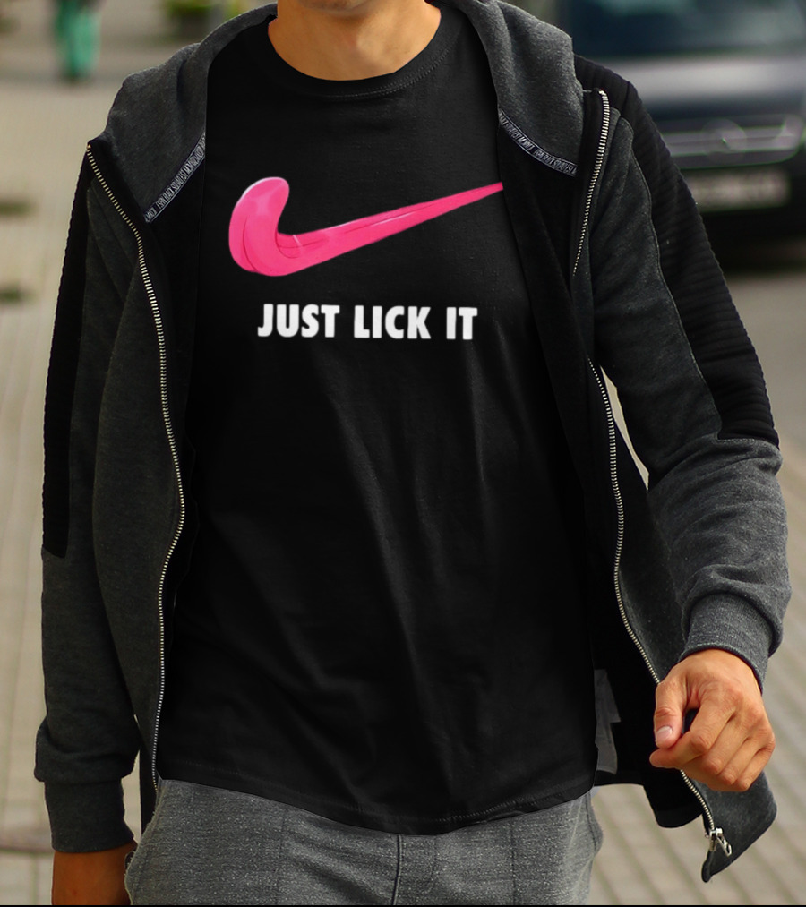 Just Lick It Tongue Swoosh Parody Humor T-Shirt