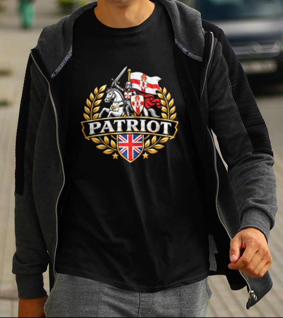 Patriot Knight Riding With Northern Ireland Flag And Union Jack Crest T-Shirt