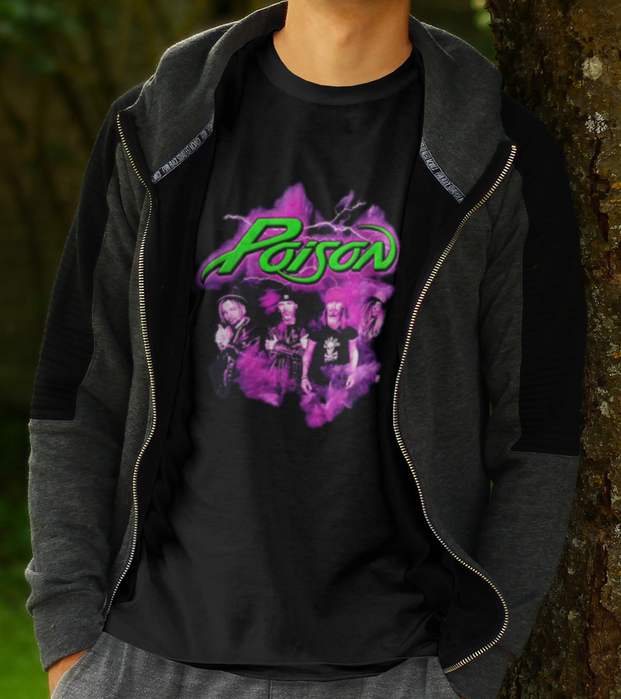 Poison Band Members Graphic With Neon Green Logo And Purple Aura T-Shirt
