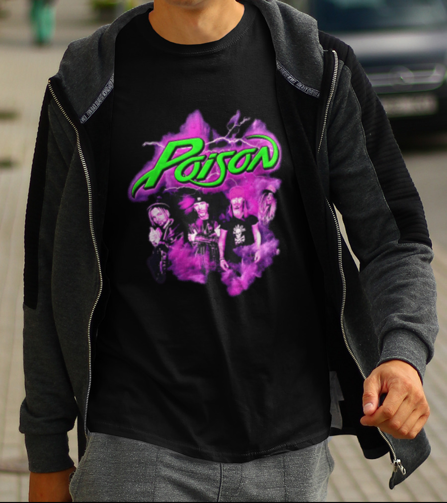 Poison Band Members Graphic With Neon Green Logo And Purple Aura T-Shirt