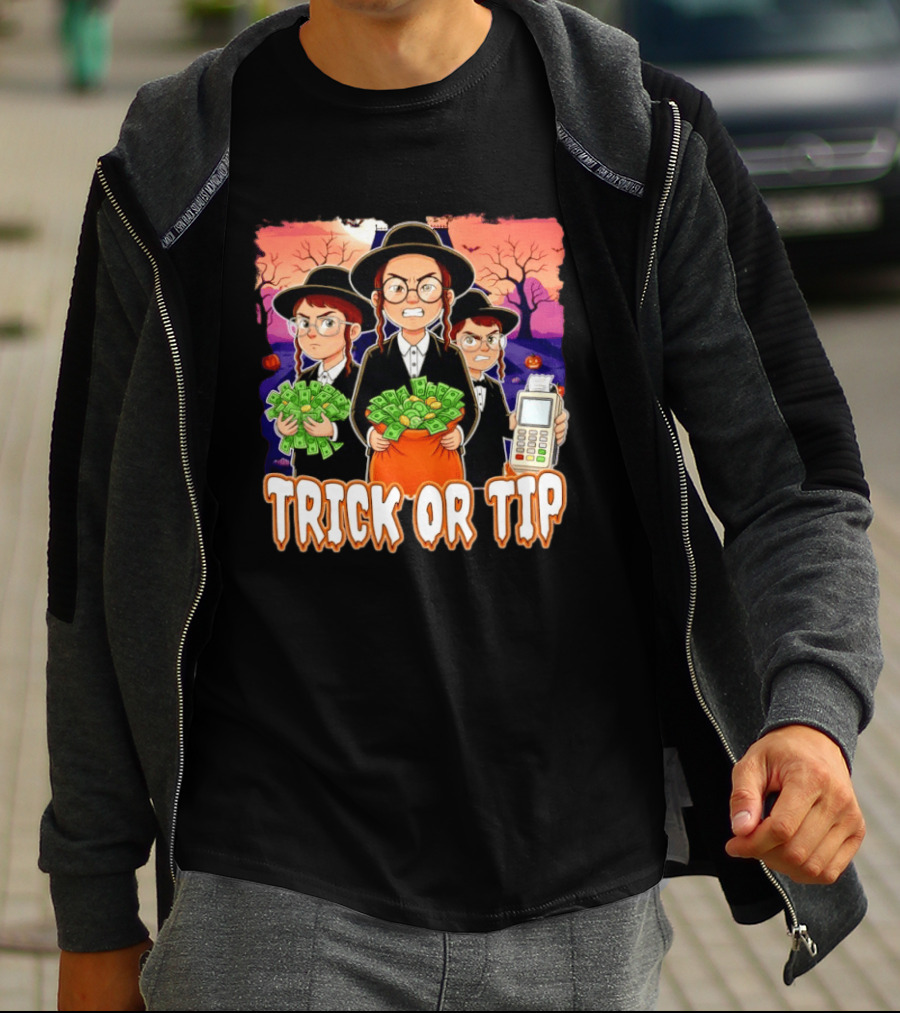 Trick Or Tip Halloween Money Bag Cartoon Characters Holding Cash And Payment Terminal T-Shirt