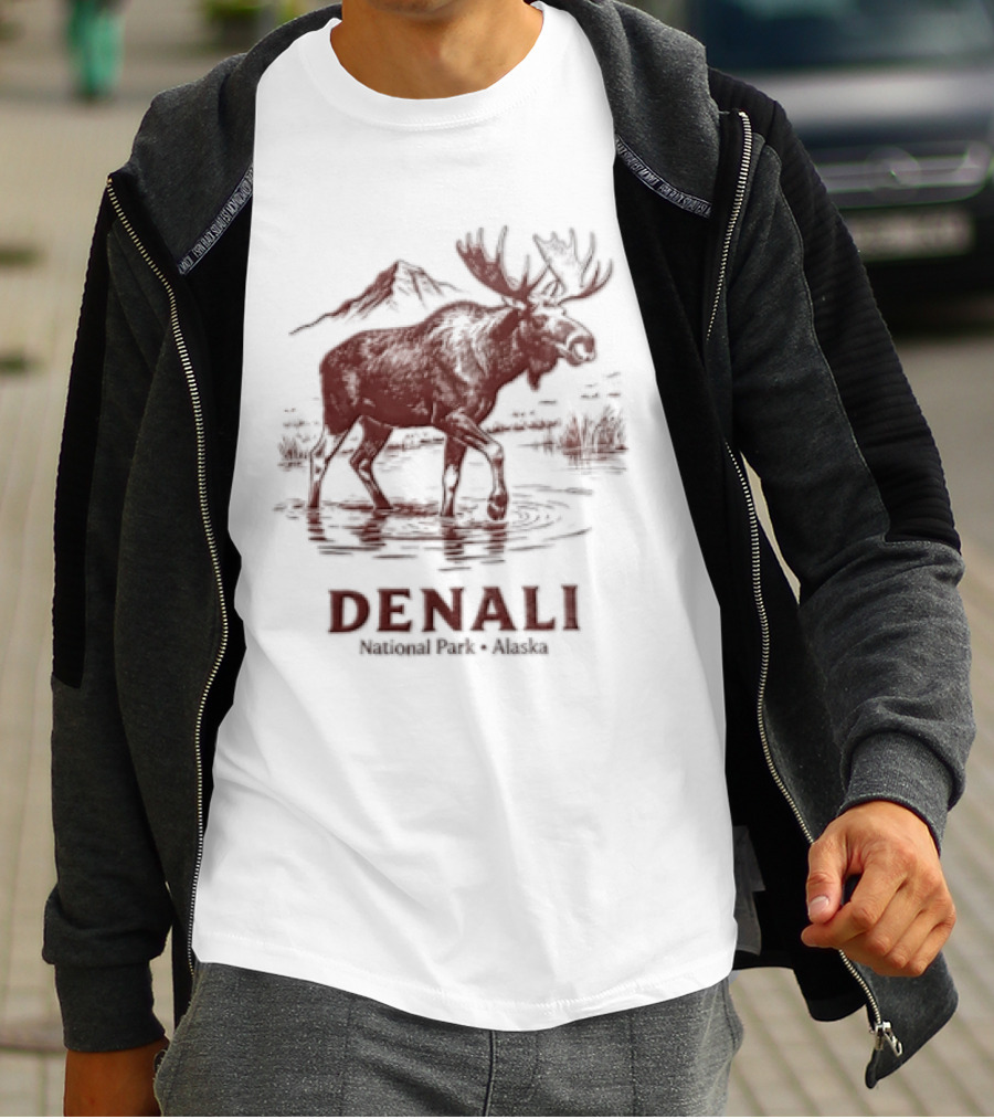 Denali Moose Walking In Water Near Mountain Scenery T-Shirt