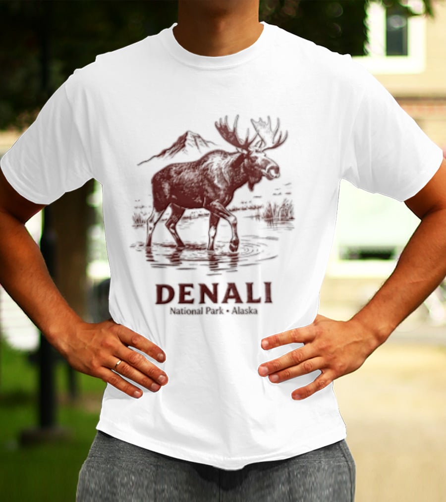 Denali Moose Walking In Water Near Mountain Scenery T-Shirt