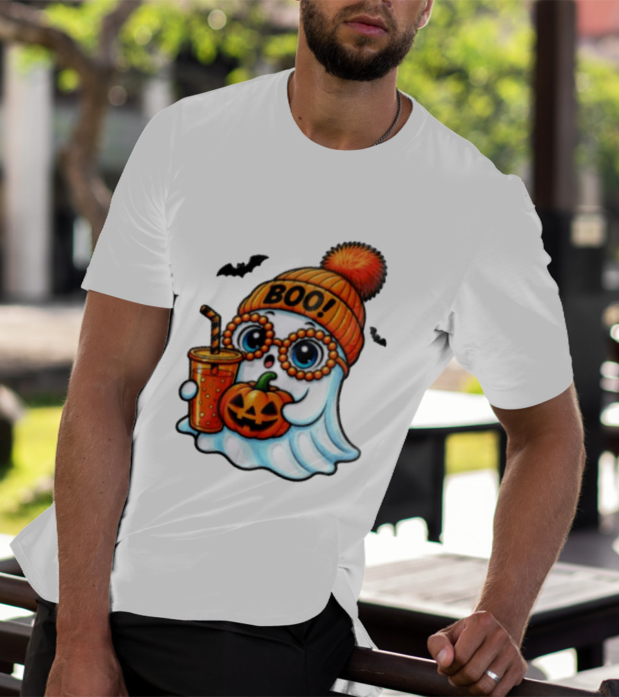 BOO Halloween Ghost With Pumpkin And Drink Spooky Fall Vibes T-Shirt
