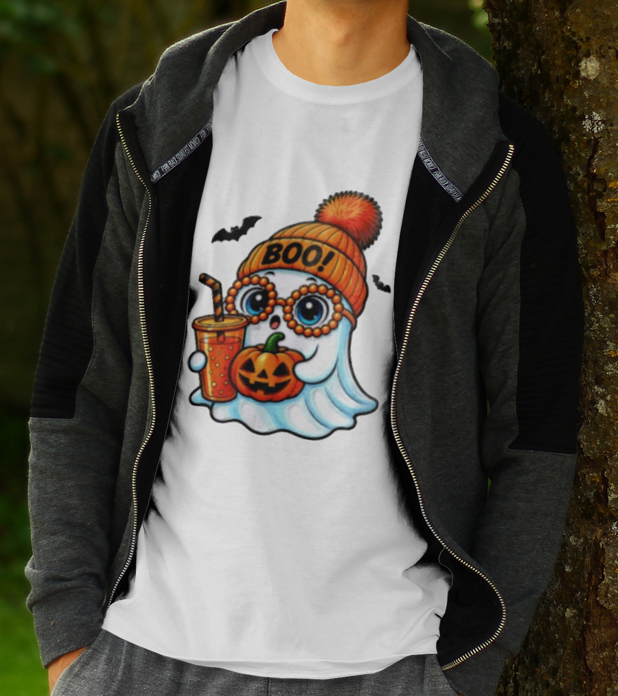 BOO Halloween Ghost With Pumpkin And Drink Spooky Fall Vibes T-Shirt