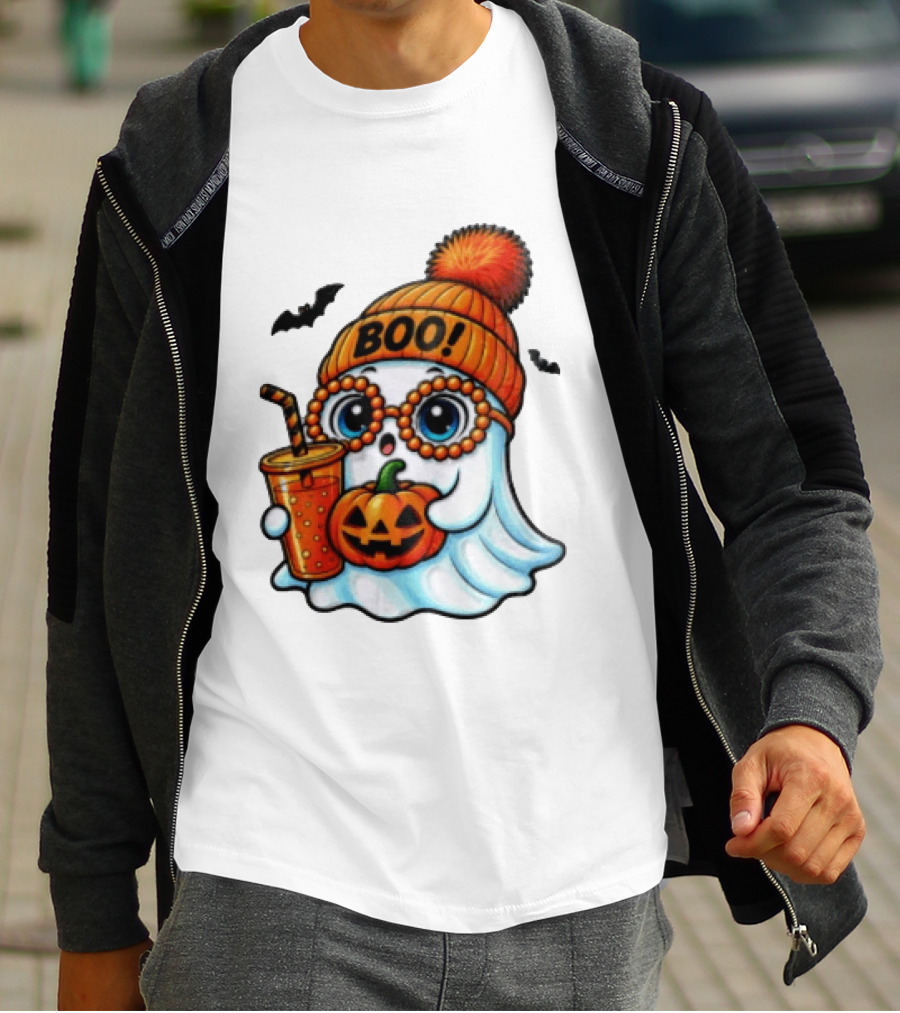 BOO Halloween Ghost With Pumpkin And Drink Spooky Fall Vibes T-Shirt