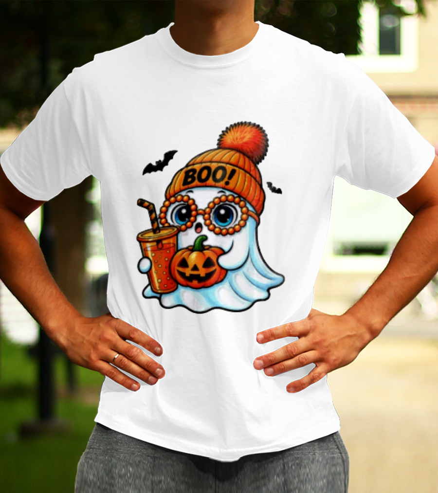 BOO Halloween Ghost With Pumpkin And Drink Spooky Fall Vibes T-Shirt