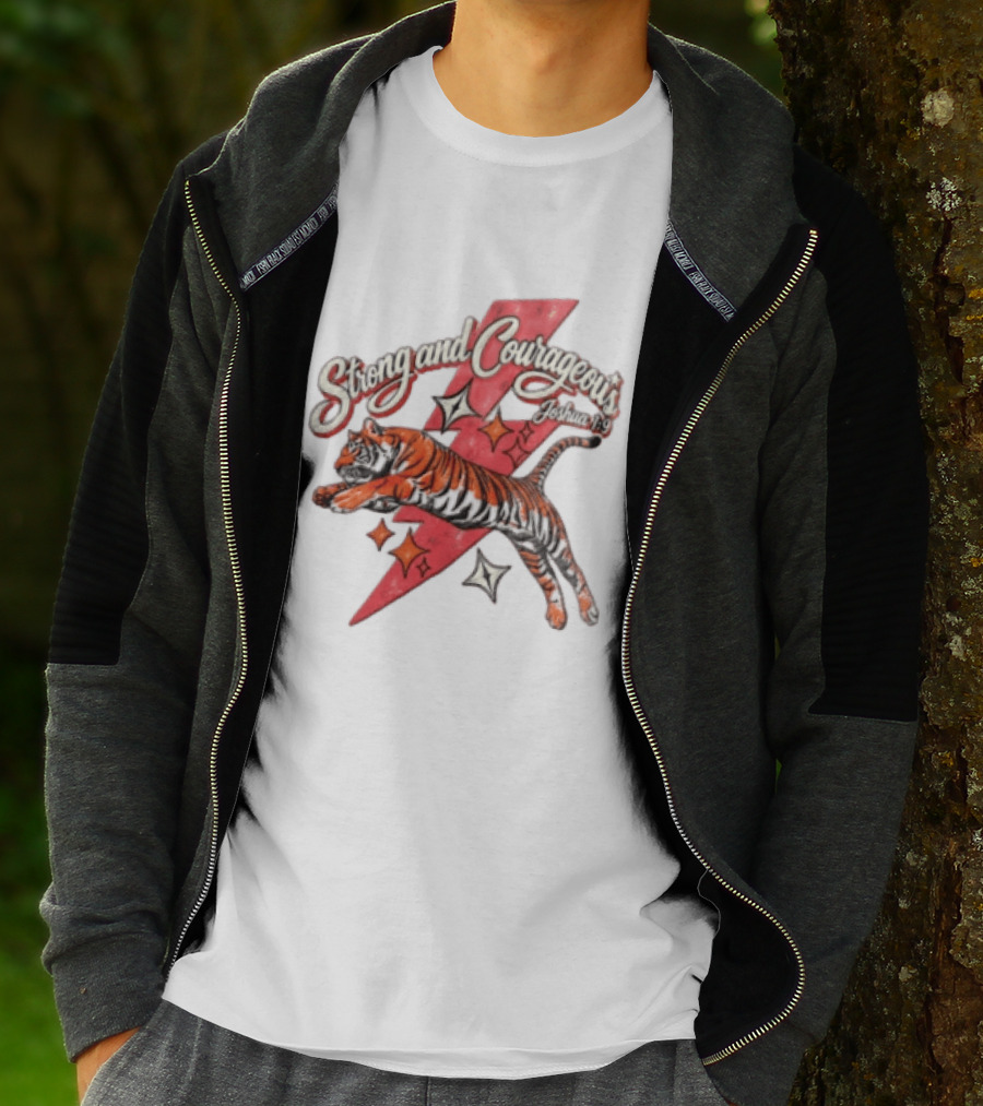 Strong And Courageous Joshua 1 9 Leaping Tiger Pink Lightning Bolt Stars T-Shirt