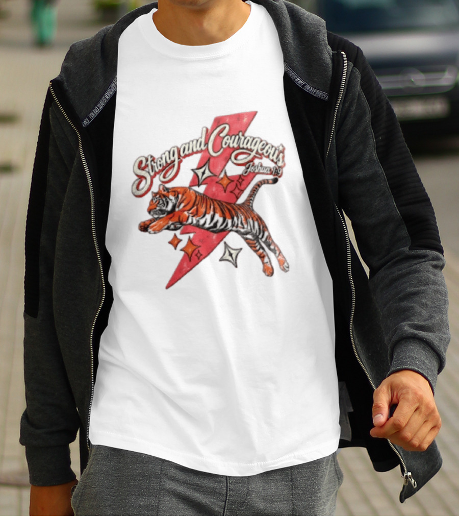 Strong And Courageous Joshua 1 9 Leaping Tiger Pink Lightning Bolt Stars T-Shirt