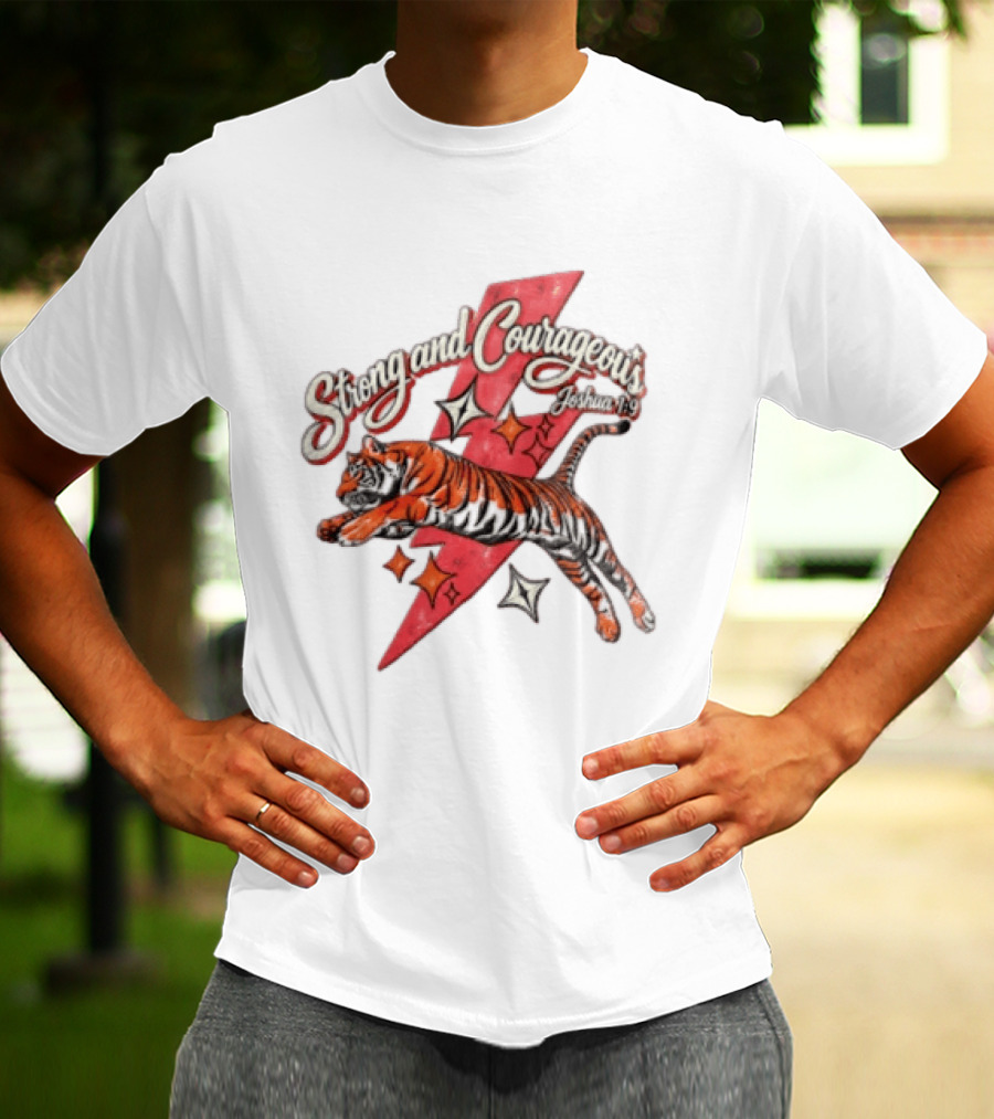 Strong And Courageous Joshua 1 9 Leaping Tiger Pink Lightning Bolt Stars T-Shirt