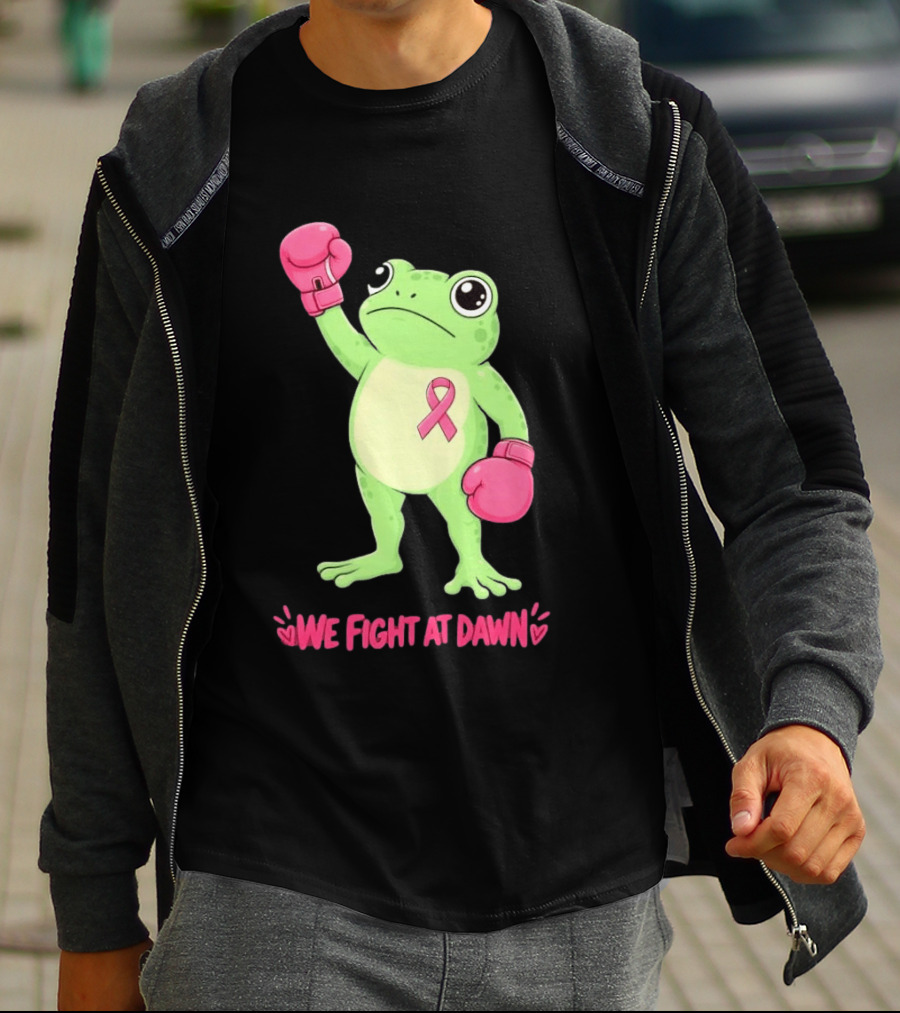 Boxing Frog We Fight At Dawn Breast Cancer Awareness Pink Gloves Ribbon T-Shirt