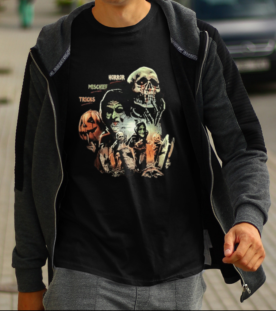 Halloween Horror Mischief Tricks Spooky Trio Skeletons And Jack O' Lanterns T-Shirt