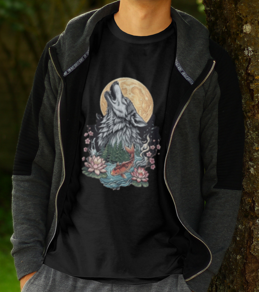 Howling Wolf Full Moon Koi Lotus Blossoms T-Shirt