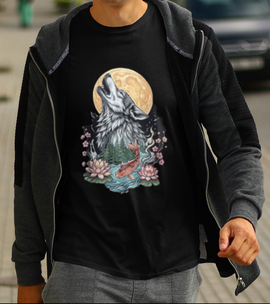 Howling Wolf Full Moon Koi Lotus Blossoms T-Shirt