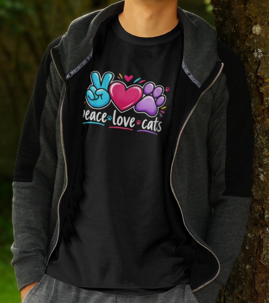 Peace Love Cats Sign Heart Paw Rainbow T-Shirt