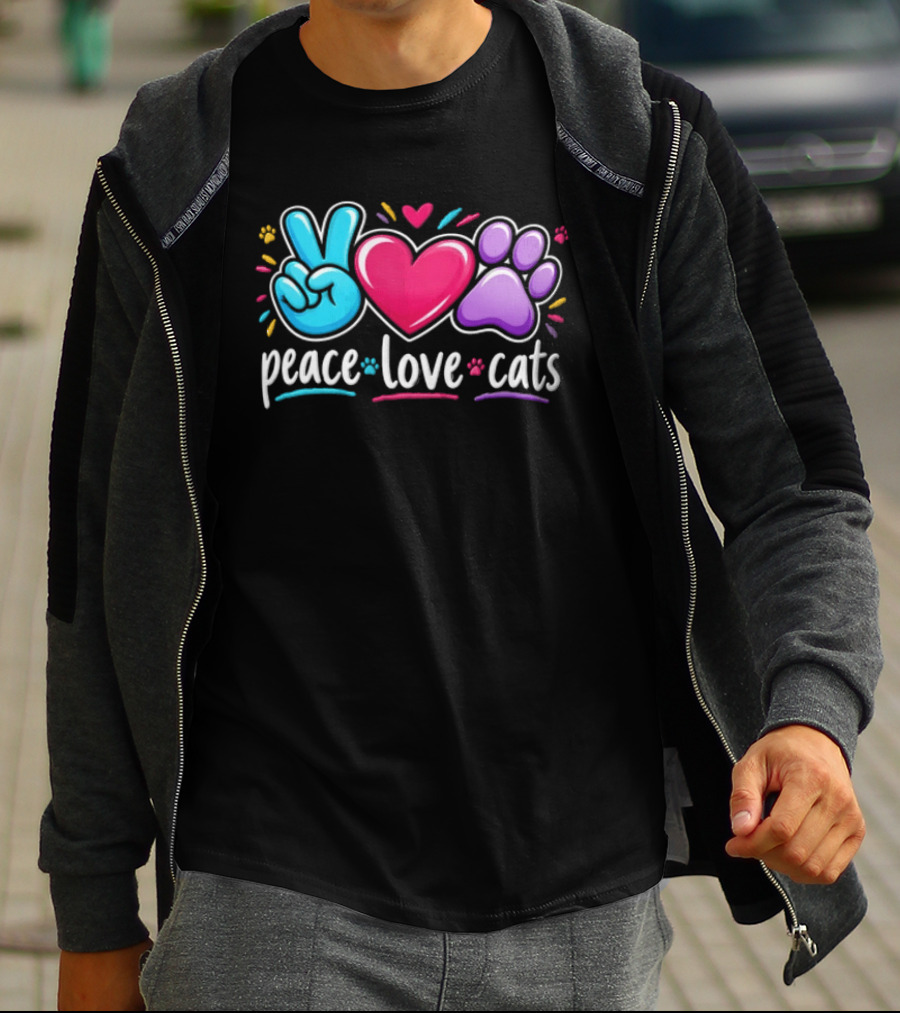 Peace Love Cats Sign Heart Paw Rainbow T-Shirt