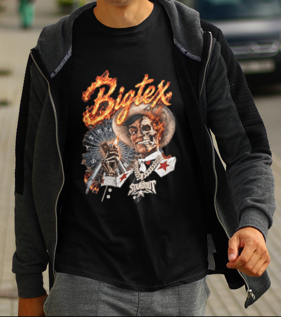 Big Tex Skeleton Cowboy Flaming Hat Texas Star Ferris Wheel T-Shirt