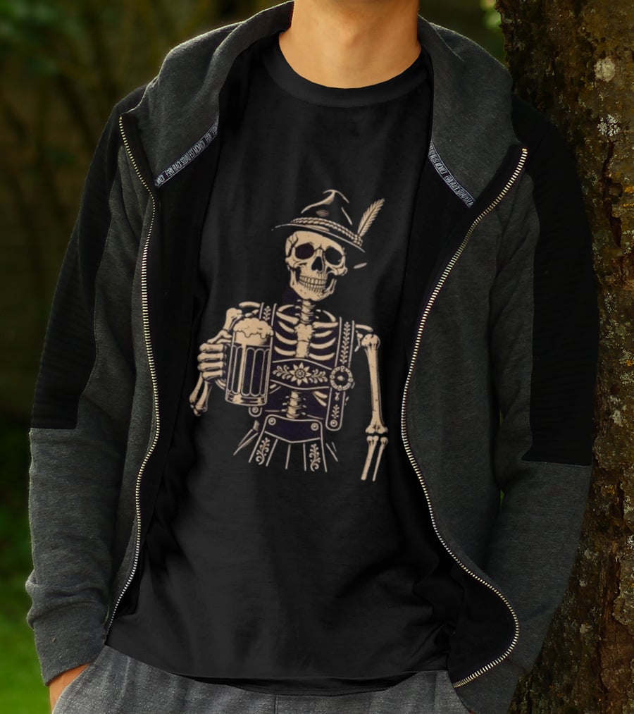 Oktoberfest Skeleton In Lederhosen With Beer And Bavarian Hat T-Shirt