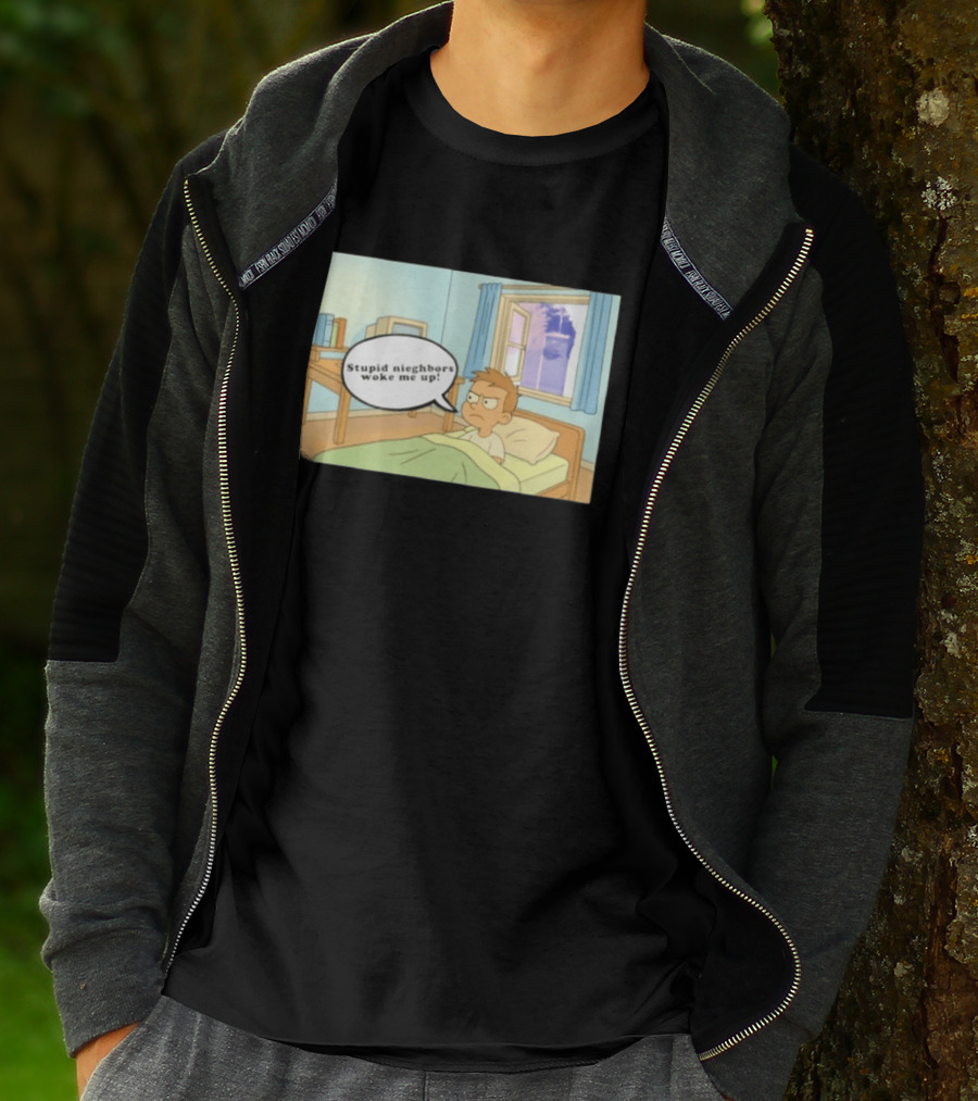 Stupid Neighbors Woke Me Up Cartoon Bedroom Scene T-Shirt