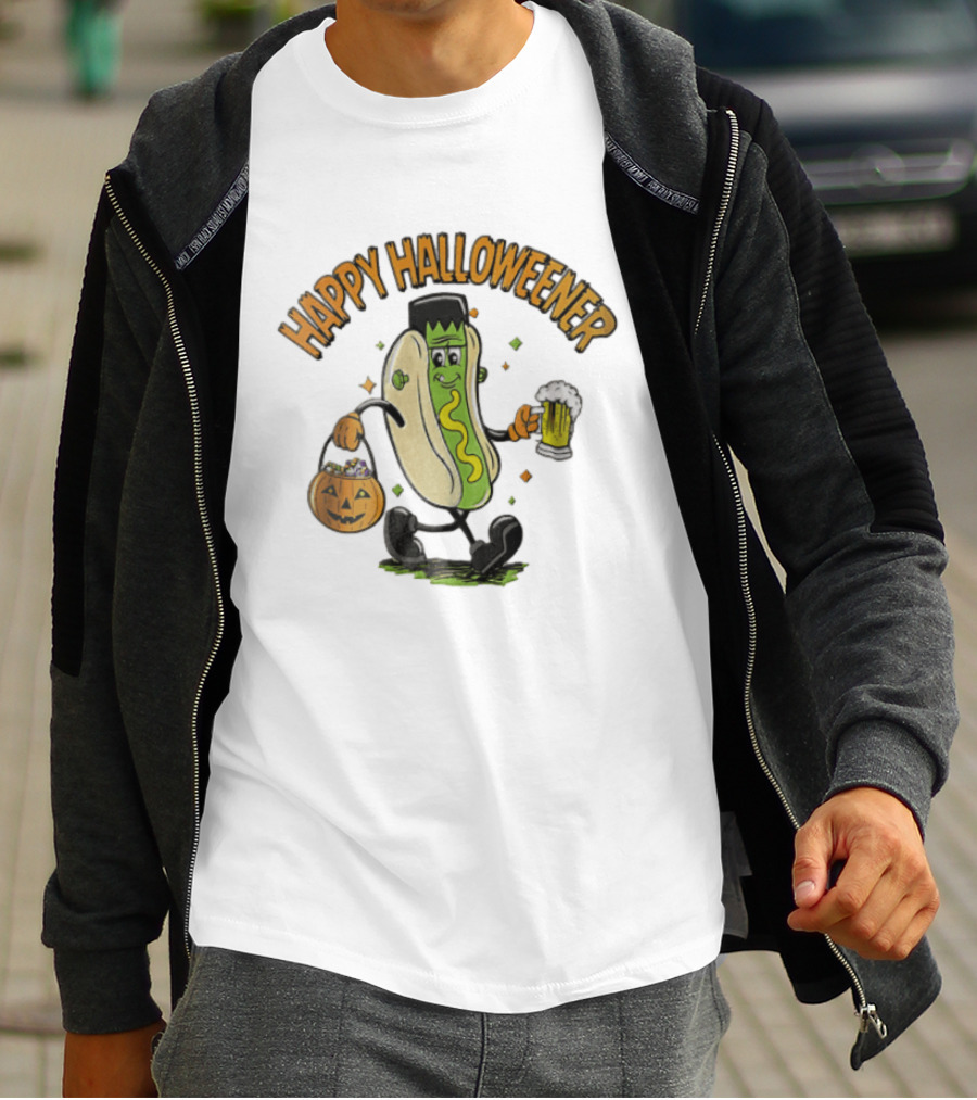 Happy Halloweener Frankenstein Hot Dog With Beer And Pumpkin Bucket T-Shirt