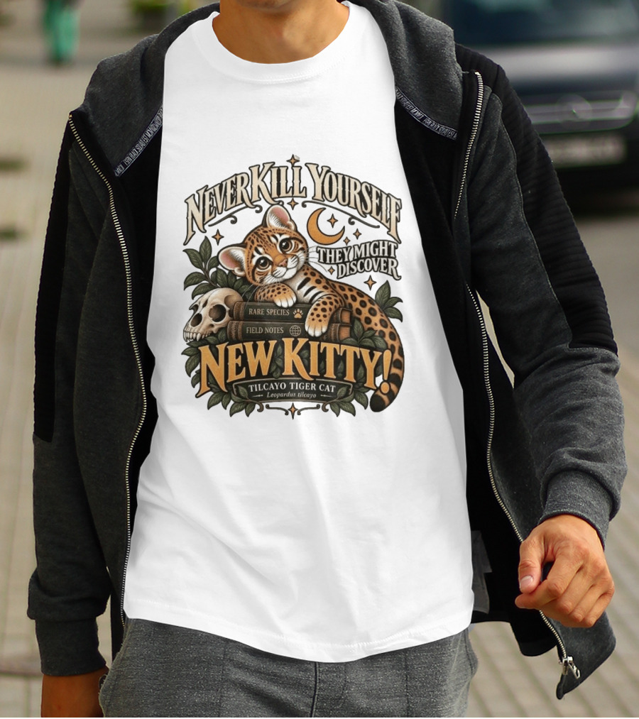 Never Kill Yourself They Might Discover New Kitty Tilcayo Tiger Cat Leopardsus Tilcayo Rare Species Field Notes T-Shirt