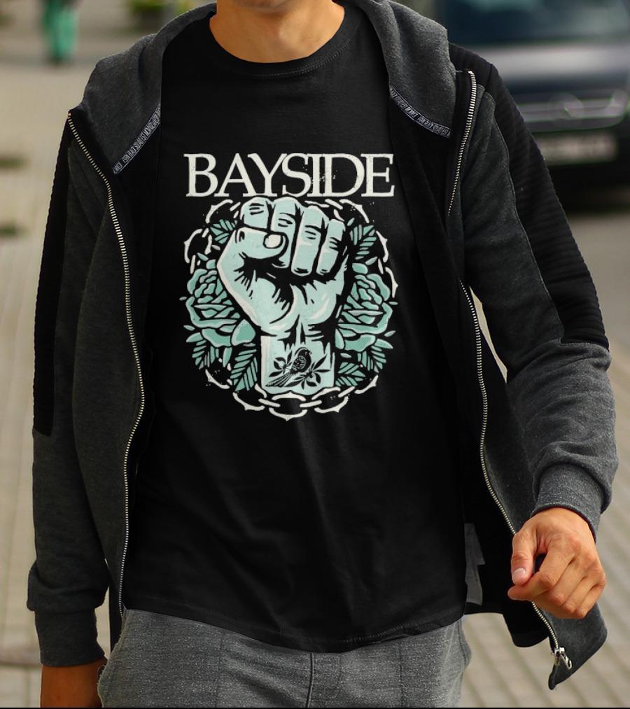 Bayside Acoustic Fist Tattoo Style With Roses And Fist In Chain Circle T-Shirt