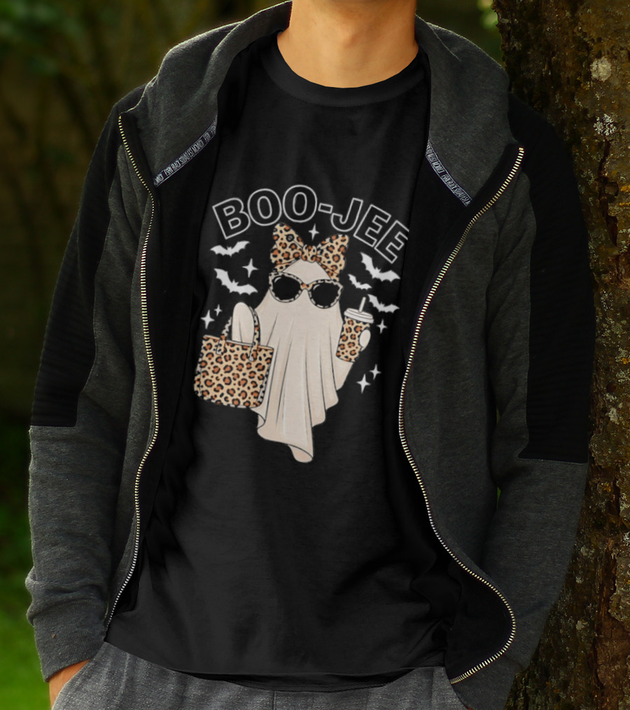 Boo Jee Stylish Ghost With Leopard Print Accessories And Bats T-Shirt
