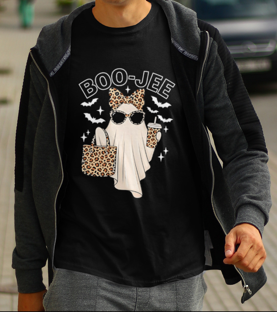 Boo Jee Stylish Ghost With Leopard Print Accessories And Bats T-Shirt