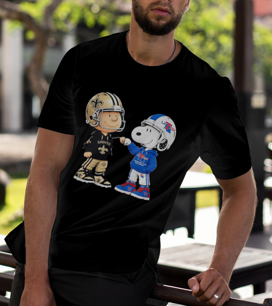 Charlie Brown Saints And Snoopy Louisiana Tech Bulldogs Team Helmet Fist Bump T-Shirt