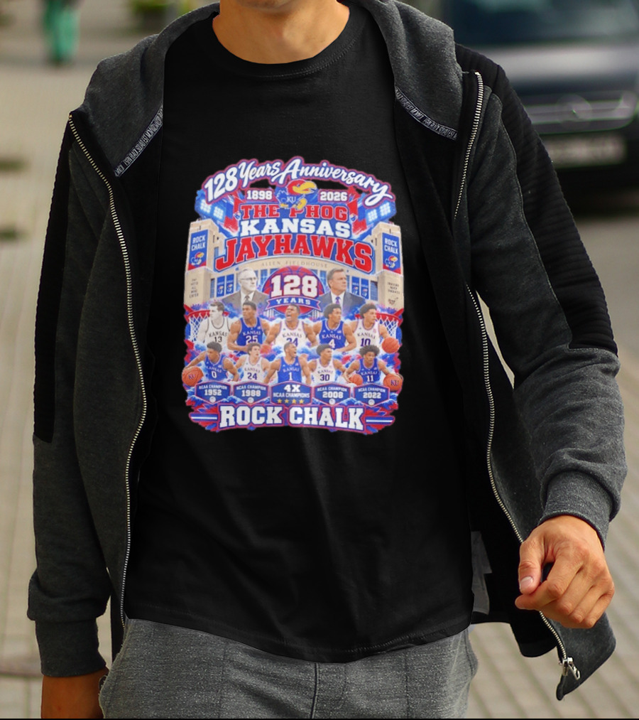 Kansas Jayhawks 128 Years Anniversary 1898 2026 The Phog NCAA Champions Rock Chalk T-Shirt