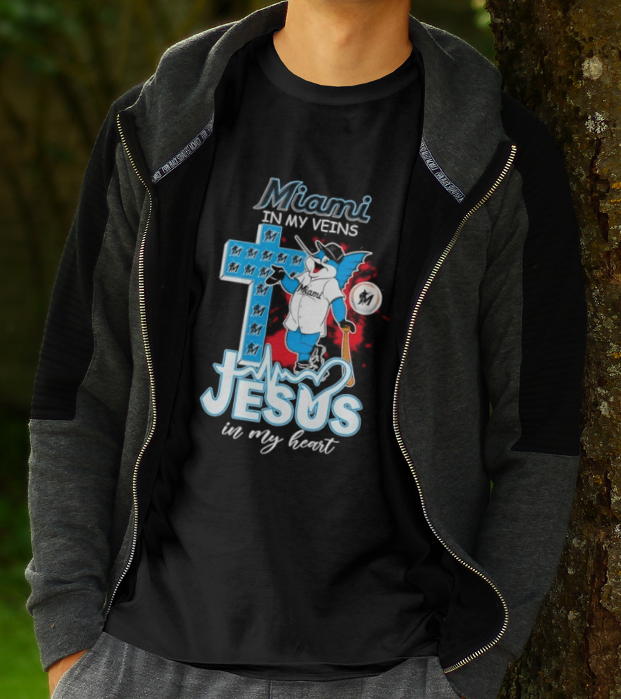 Miami Marlins In My Veins Jesus In My Heart Cross Baseball T-Shirt