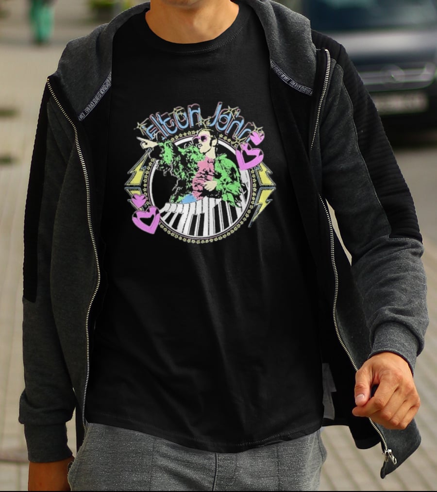 Elton John Distressed Colorful Piano And Hearts T-Shirt