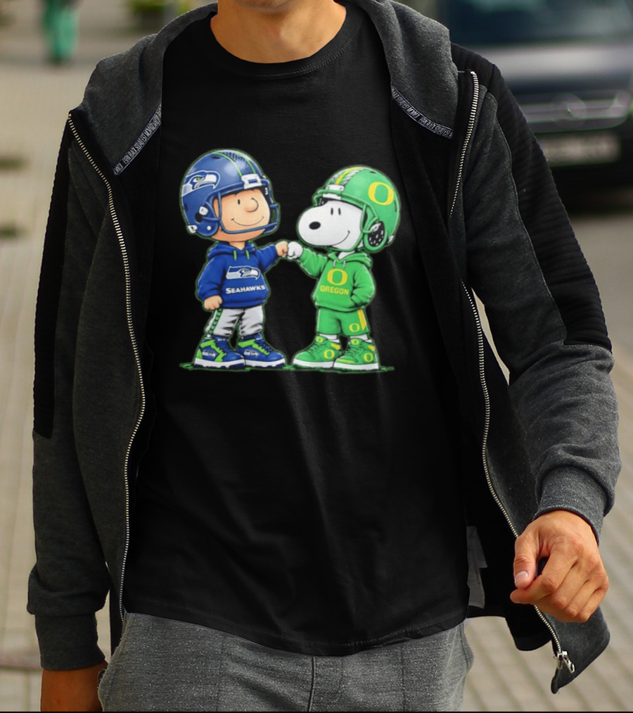 Peanuts Characters Seattle Seahawks Oregon Ducks Fist Bump Friendship Gear T-Shirt