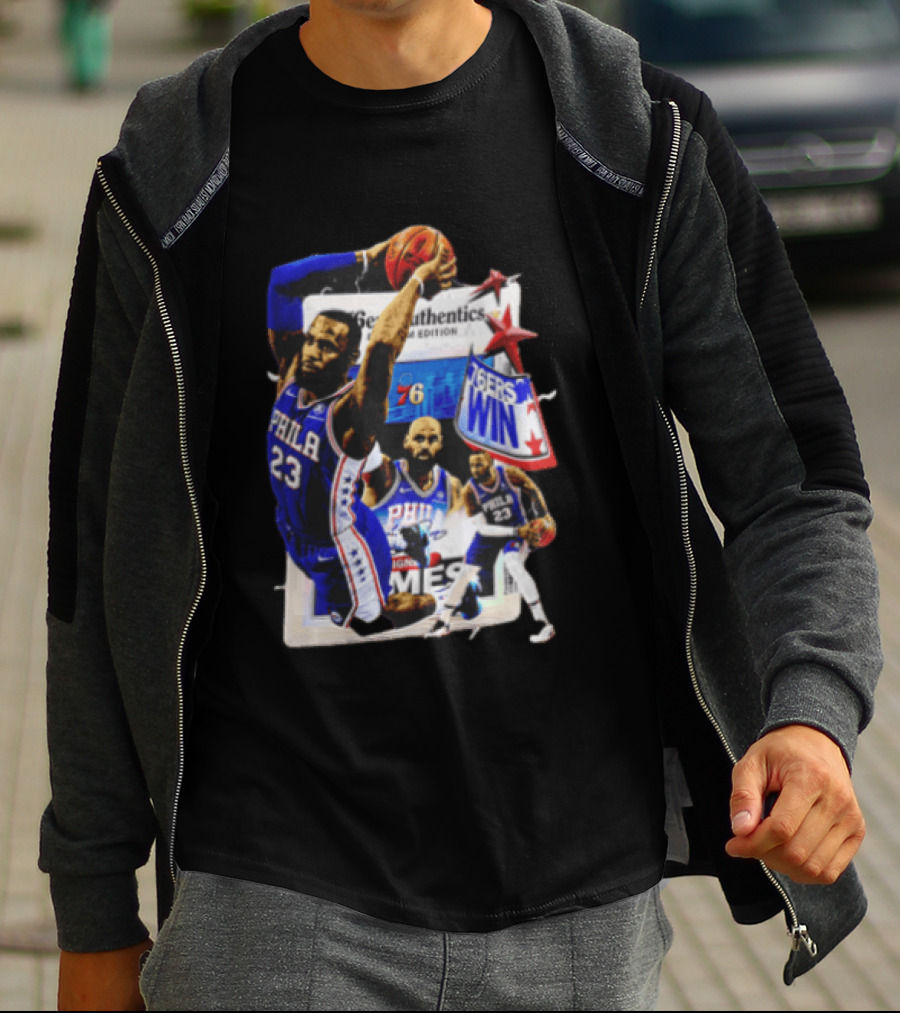 Philadelphia 76ers Lebron James Dunking Collage 76ers Win Edition T-Shirt