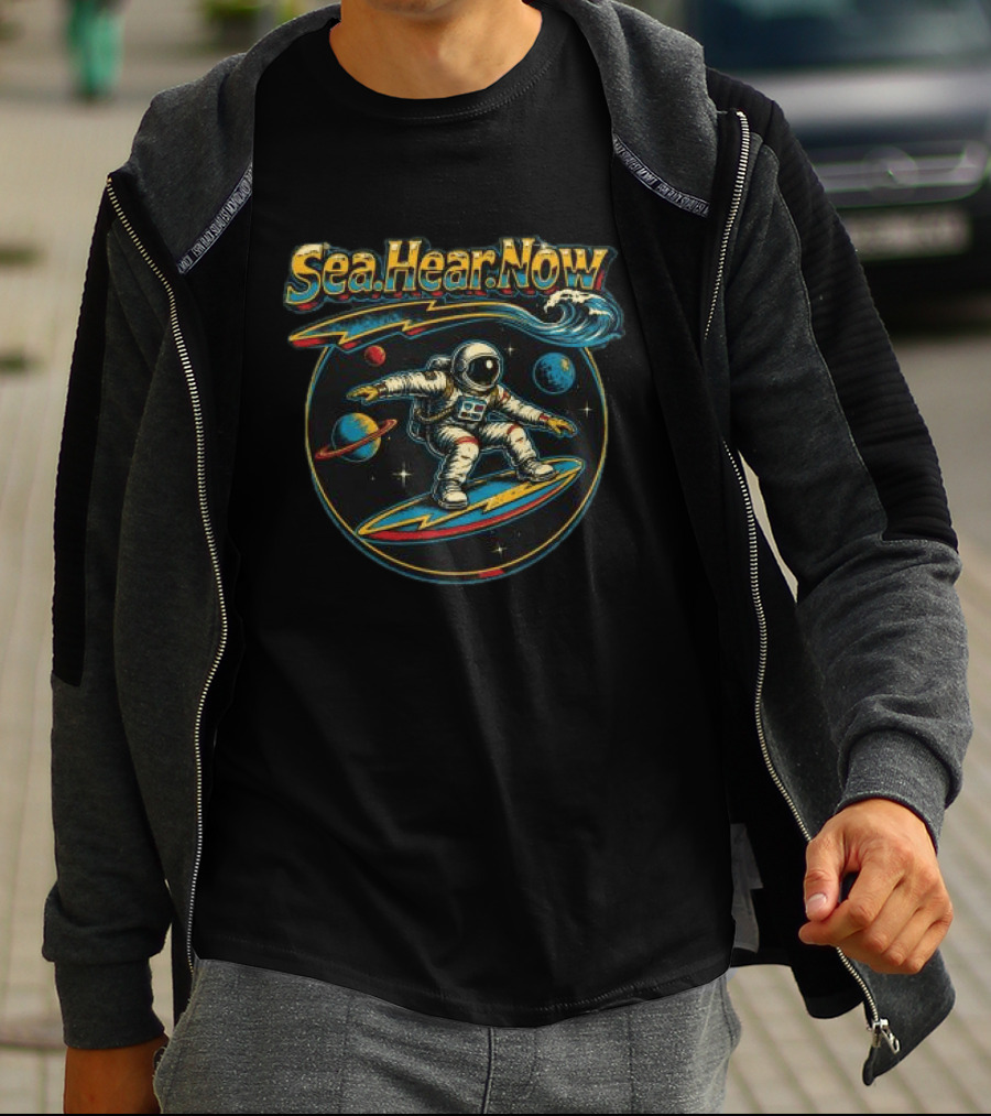 Sea Hear Now Astronaut Surfing Planets Lineup T-Shirt