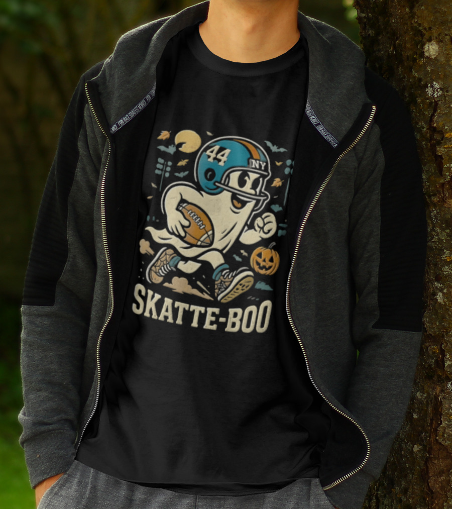 SKATTE BOO Football Helmet 44 Halloween Ghost Pumpkin T-Shirt