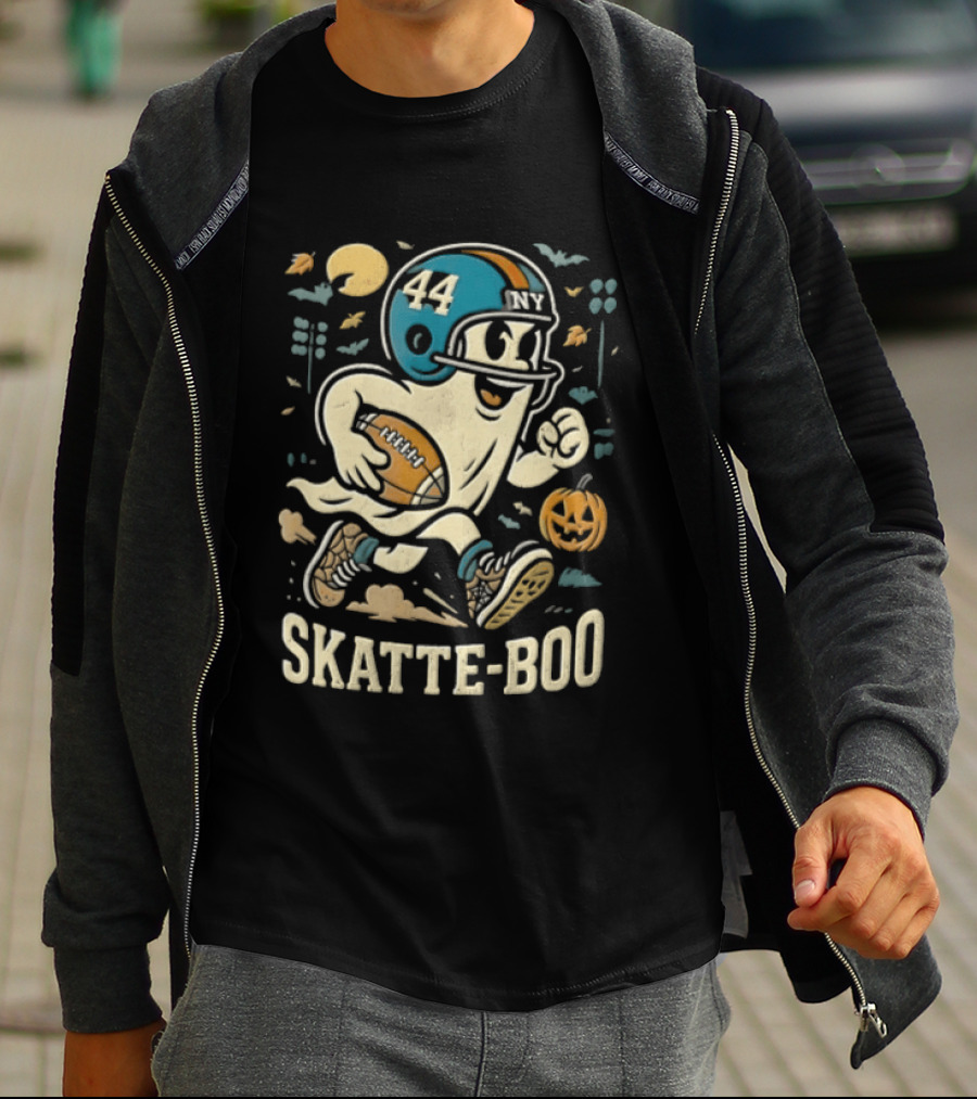 SKATTE BOO Football Helmet 44 Halloween Ghost Pumpkin T-Shirt