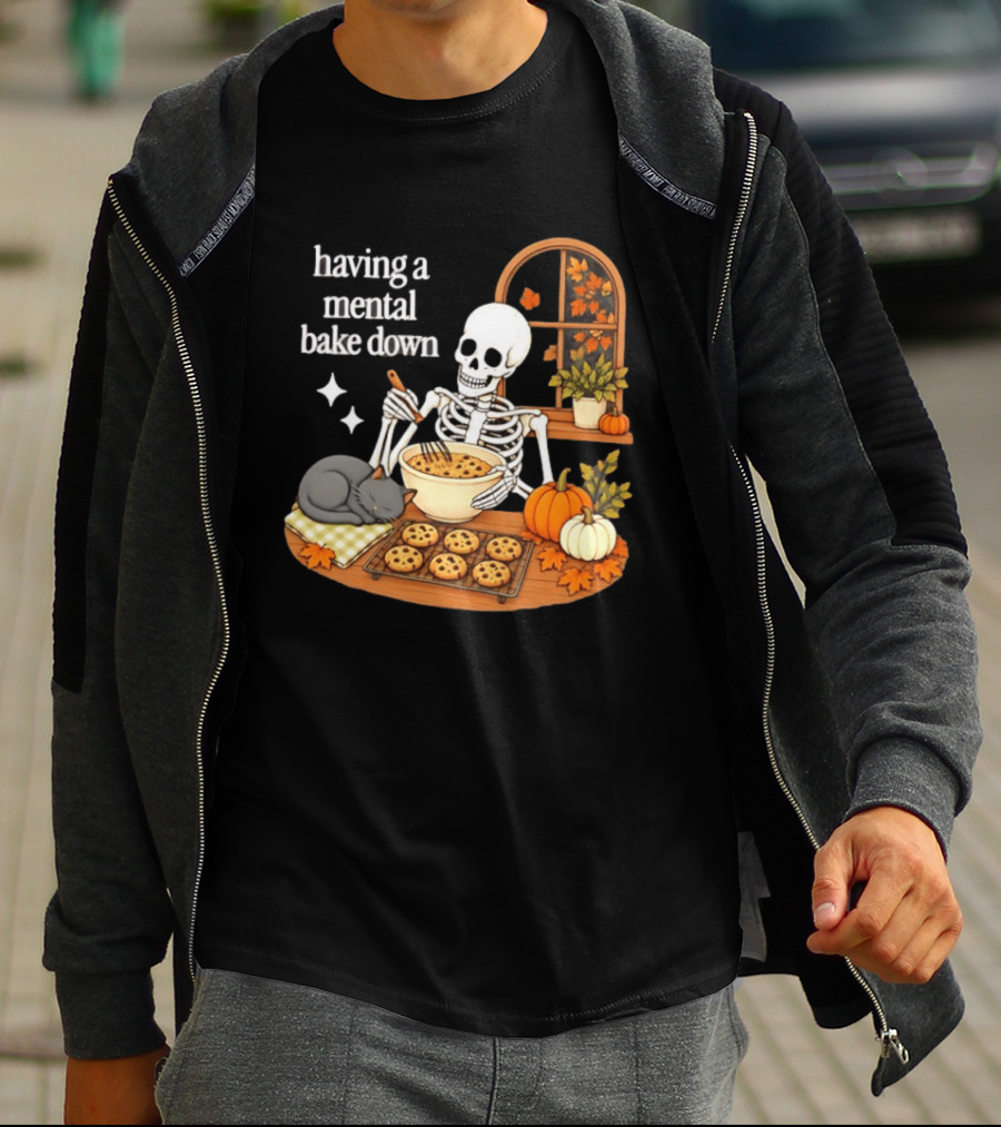 Having A Mental Bake Down Skeleton Baking With Cat And Pumpkins T-Shirt