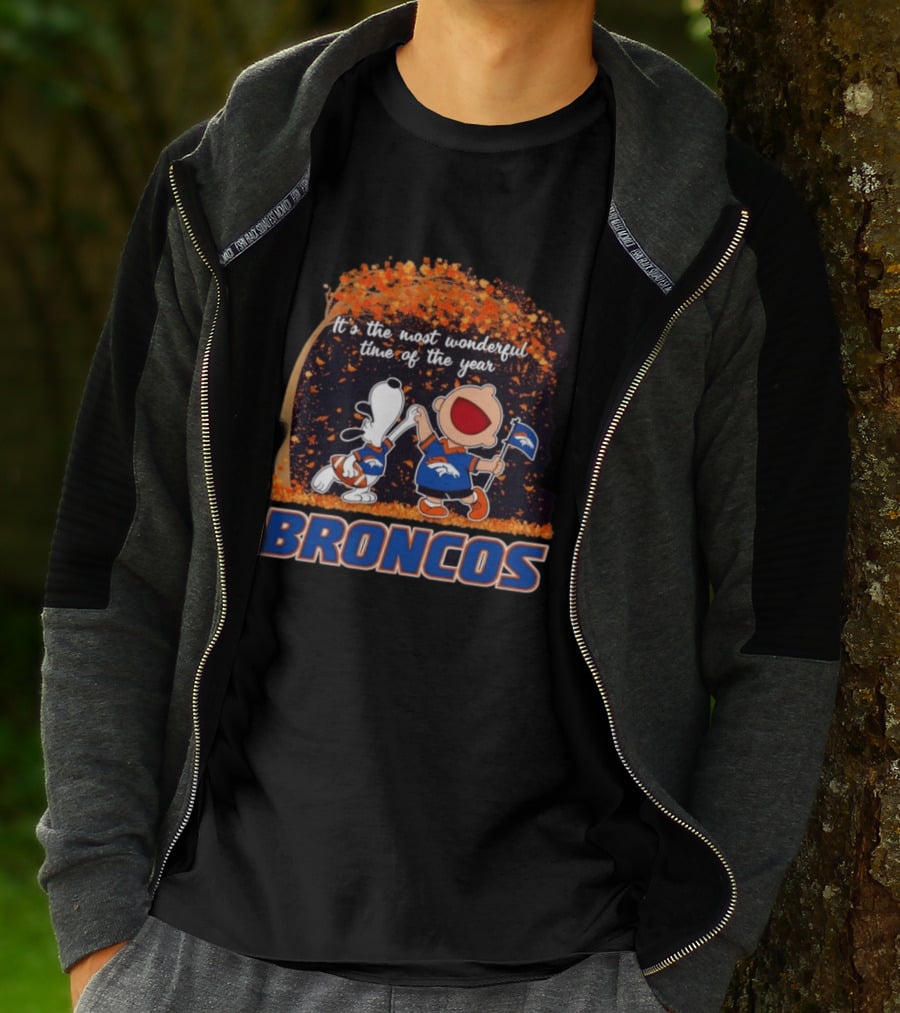 Snoopy And Charlie Brown Celebrating Denver Broncos It's The Most Wonderful Time Of The Year T-Shirt