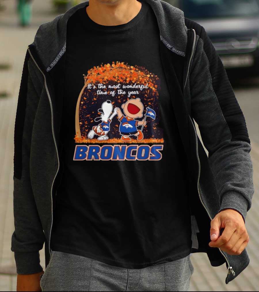 Snoopy And Charlie Brown Celebrating Denver Broncos It's The Most Wonderful Time Of The Year T-Shirt