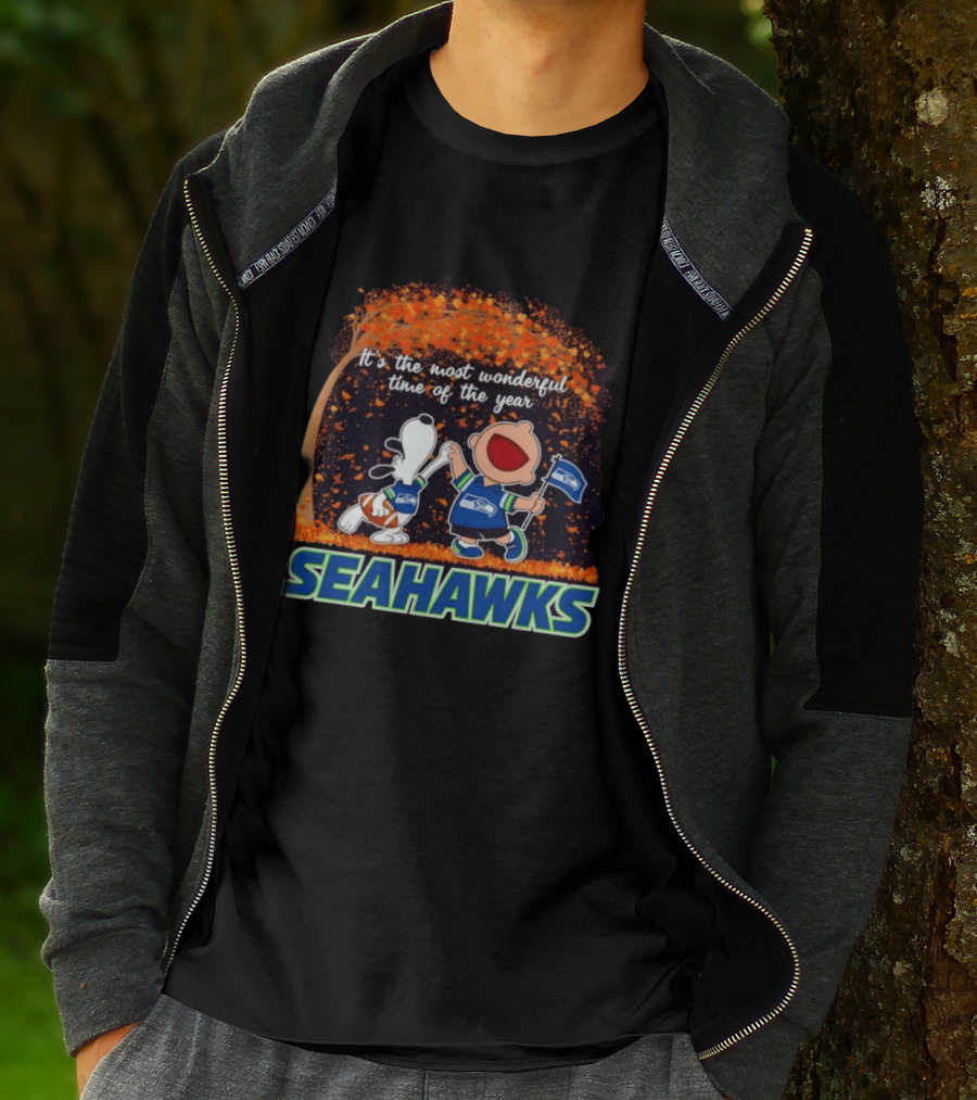 Snoopy And Charlie Brown Dancing Seattle Seahawks The Most Wonderful Time Of The Year T-Shirt