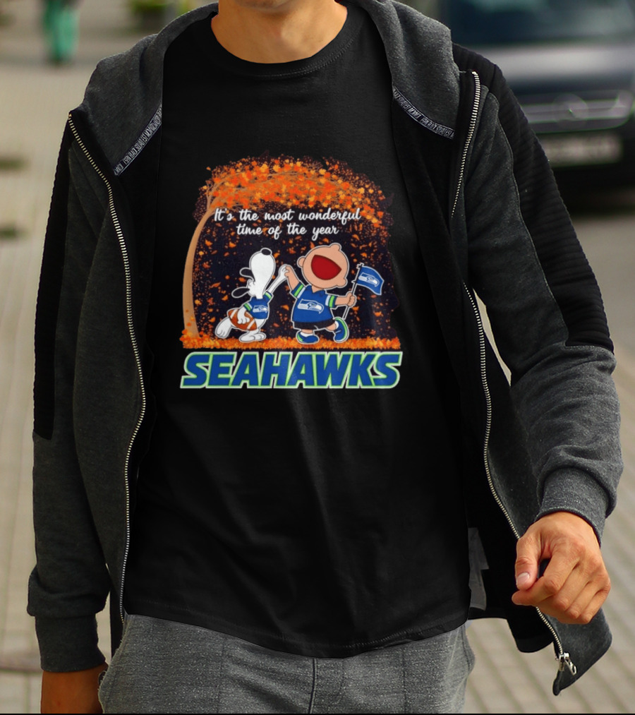 Snoopy And Charlie Brown Dancing Seattle Seahawks The Most Wonderful Time Of The Year T-Shirt