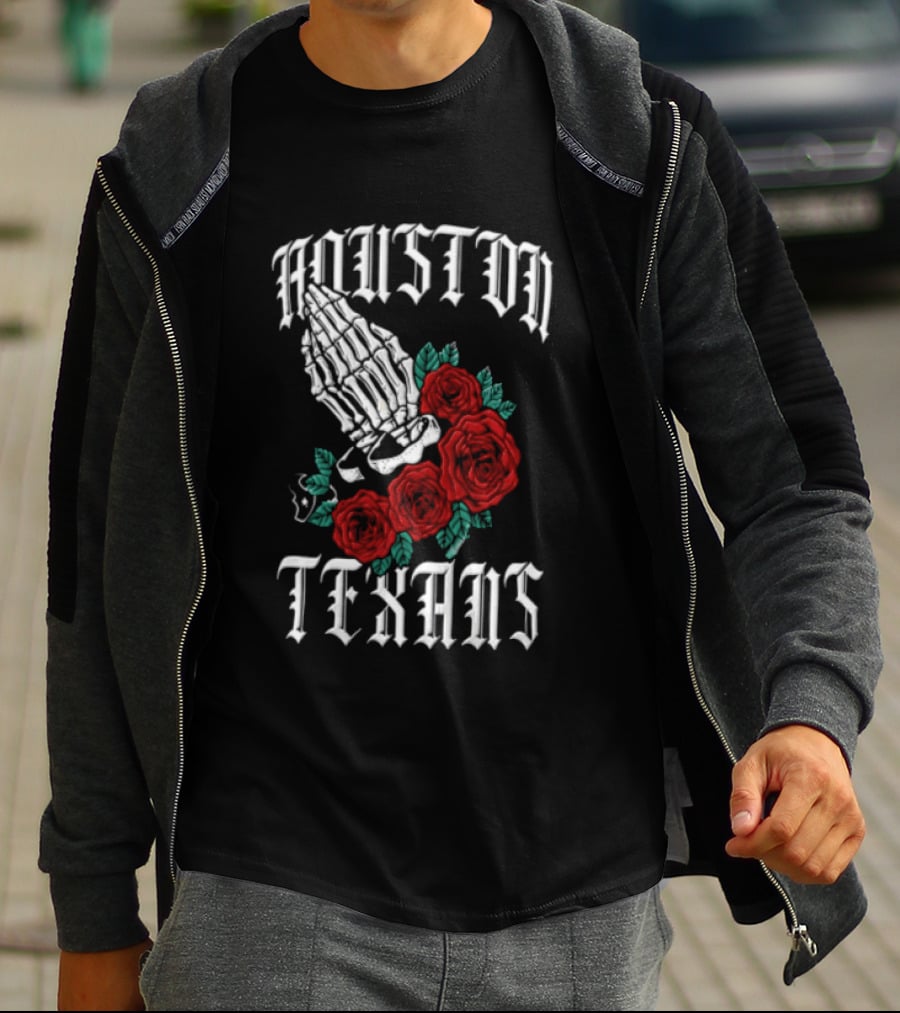 Houston Texans Praying Hands Red Roses Dia De Los Muertos T-Shirt