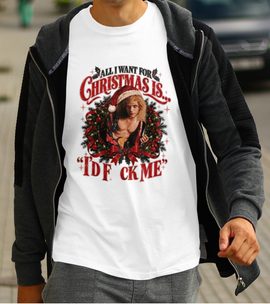 All I Want For Christmas Is I'd Fck Me Santa Hat Wreath Bow T-Shirt