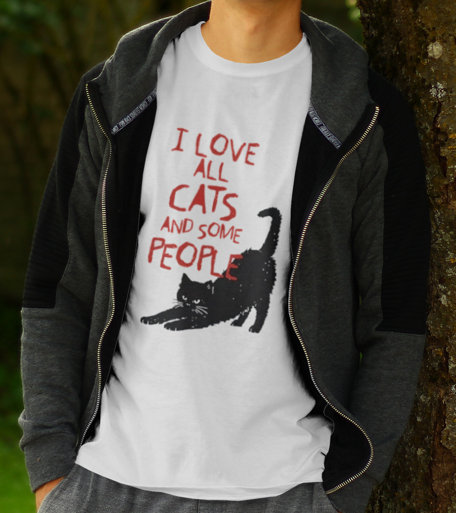I Love All Cats And Some People Funny Cat Lovers Stretching Black Cat T-Shirt