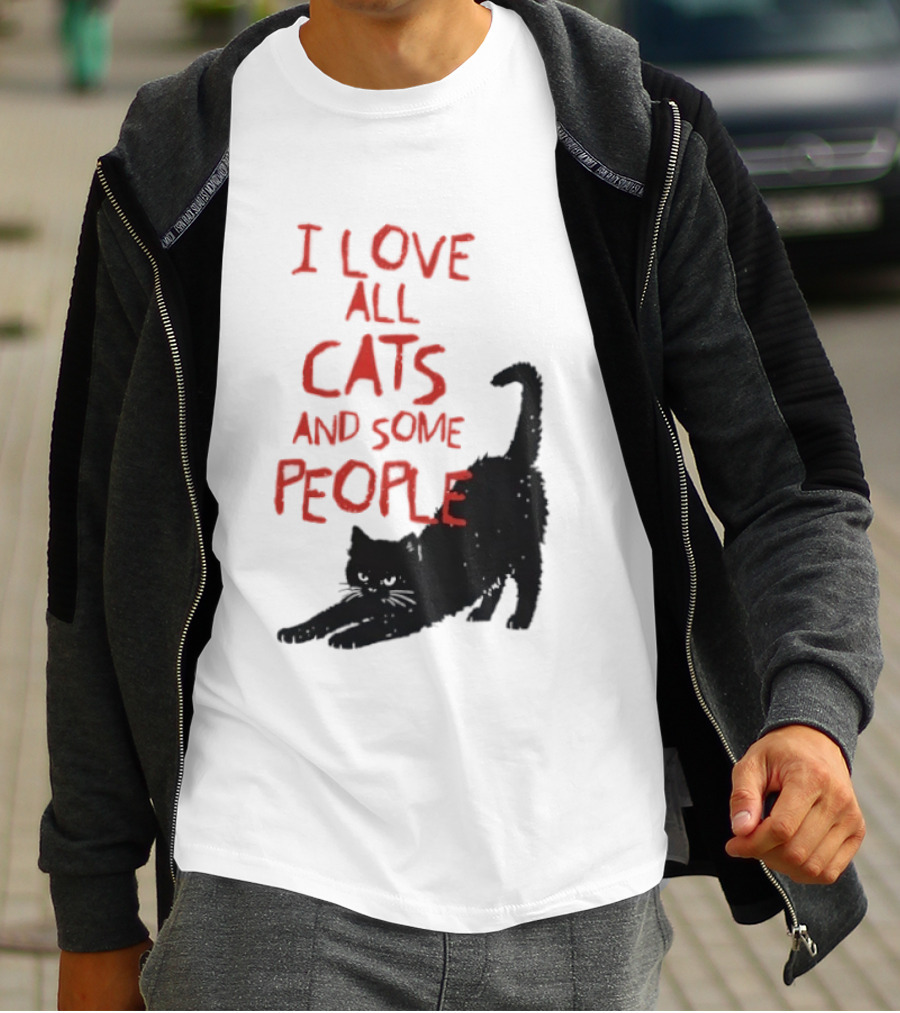 I Love All Cats And Some People Funny Cat Lovers Stretching Black Cat T-Shirt