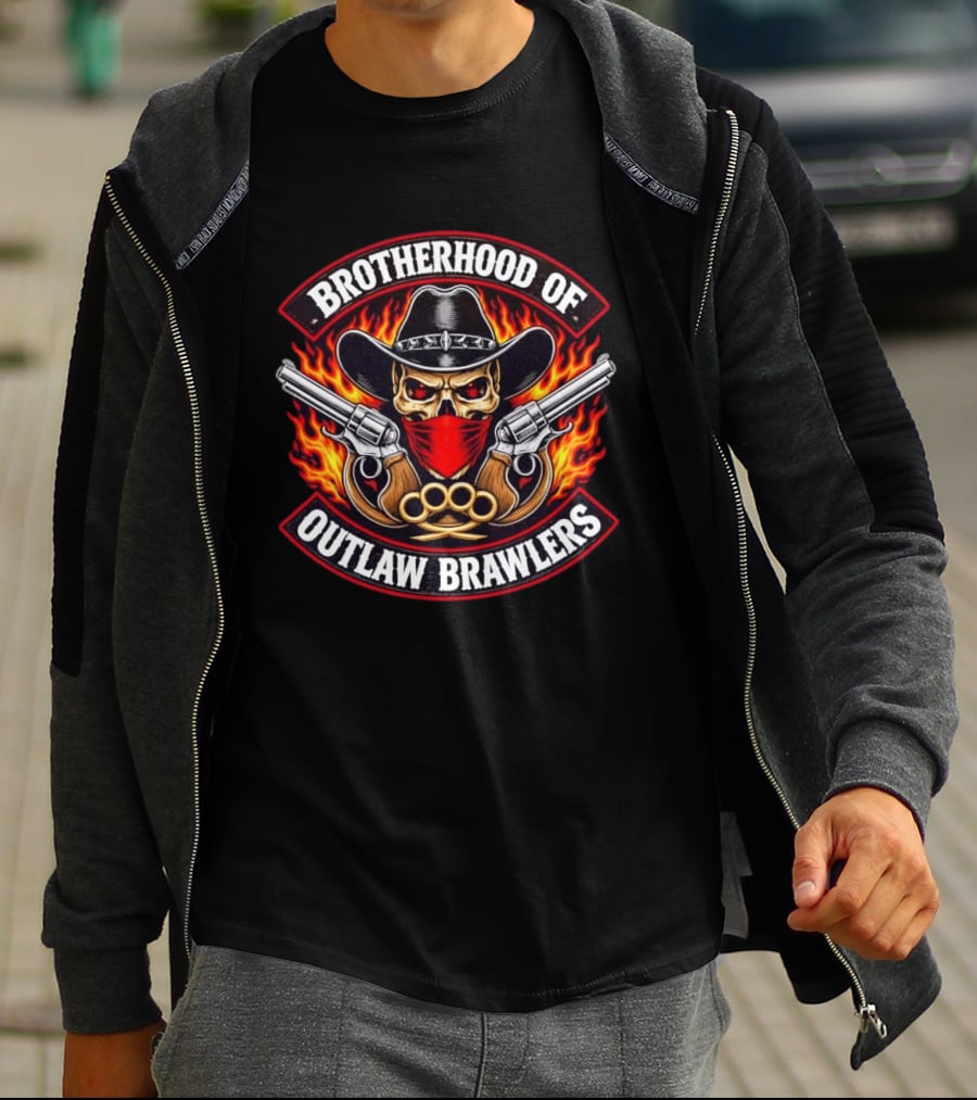 Brotherhood Of Outlaw Brawlers Skull Cowboy With Guns And Brass Knuckles Fiery Badass Wild West T-Shirt