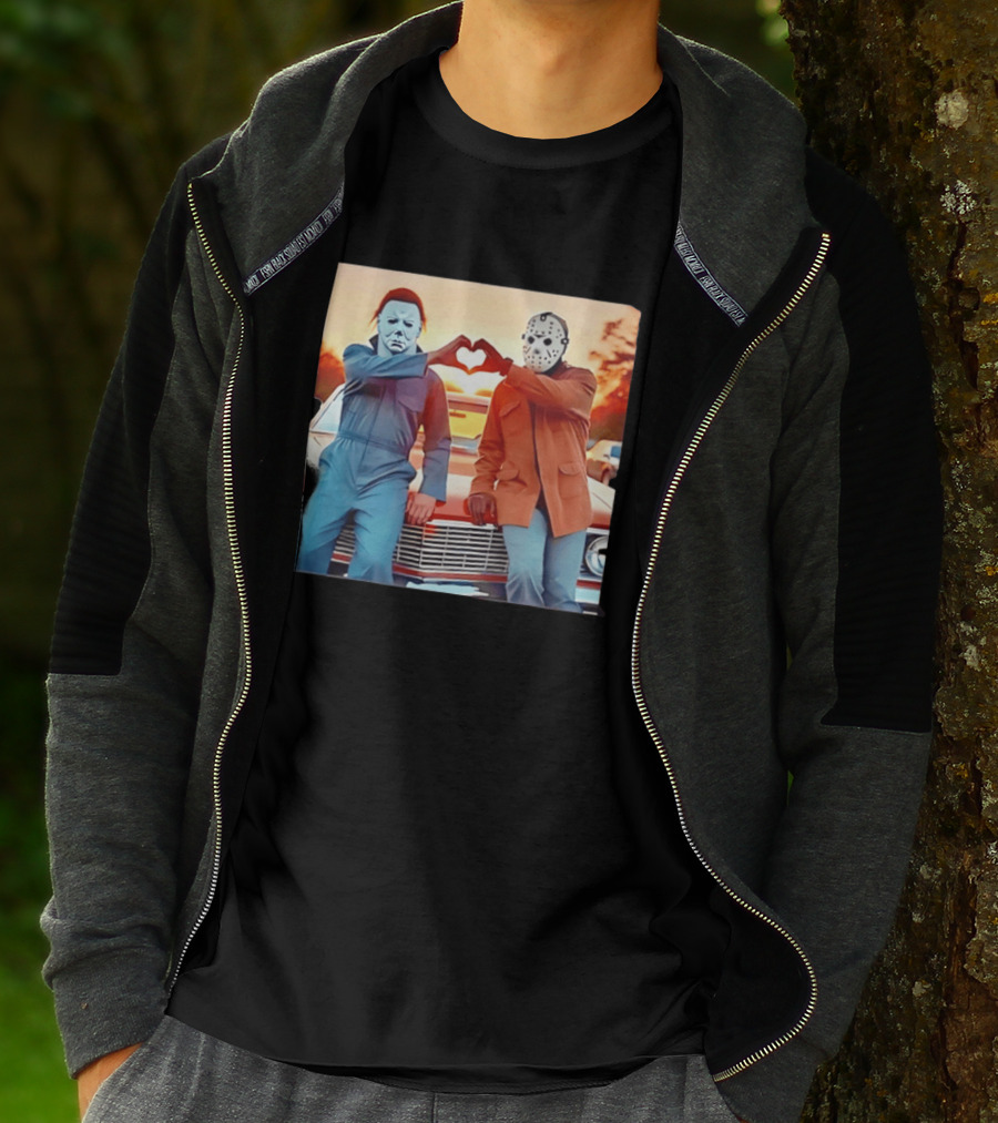 Jason Voorhees Michael Myers Heart Sign Halloween Retro Car Sunset T-Shirt