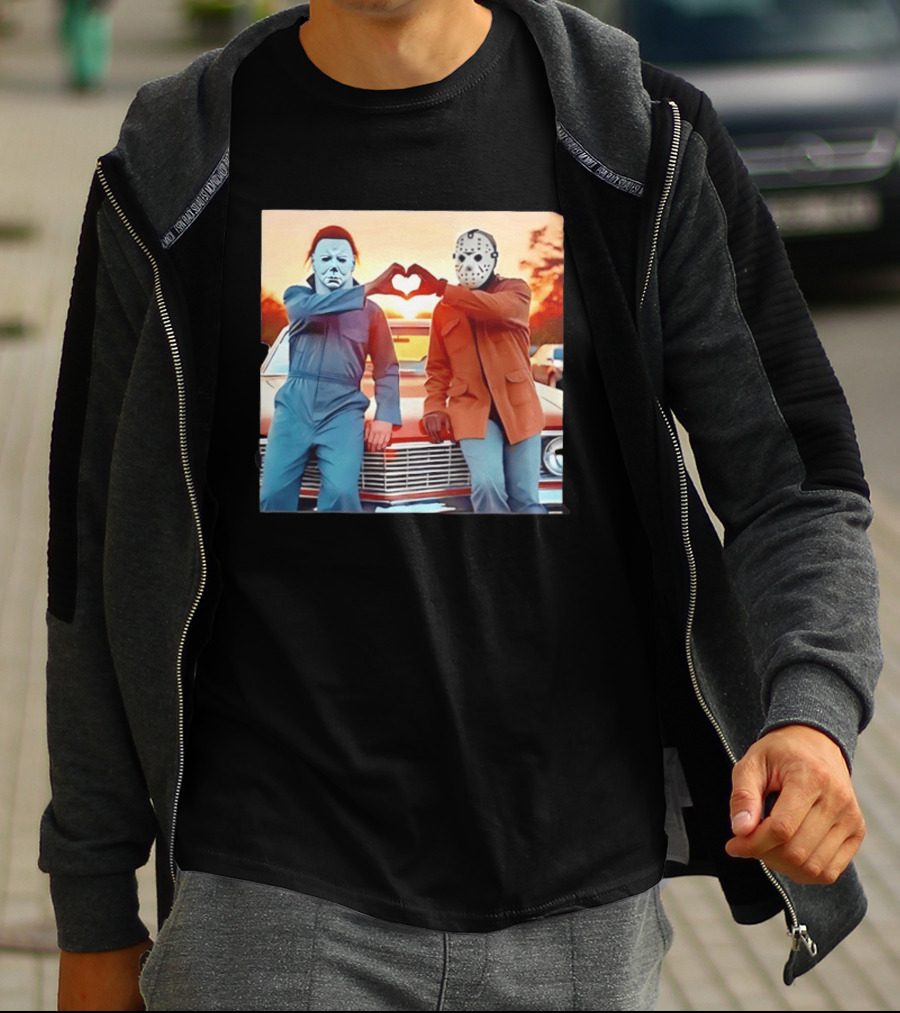 Jason Voorhees Michael Myers Heart Sign Halloween Retro Car Sunset T-Shirt