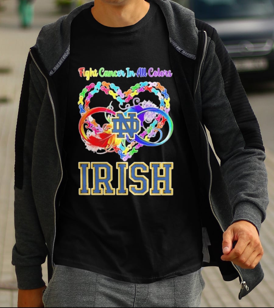Fight Cancer In All Colors Notre Dame Irish Cancer Awareness Ribbon Heart T-Shirt